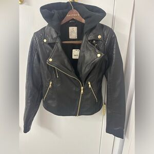 Free People Black Leather Moto Jacket with Hood